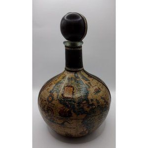 Vintage Italian Style Old World Map Leather Wrapped‎ Round Decanter Bottle